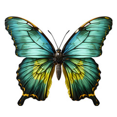  beautiful blue yellow green butterfly in flight isolated on transparent background Generative AI 
