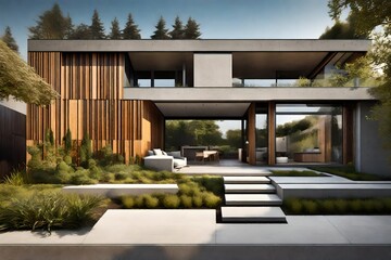A sleek suburban home with a blend of concrete and wood elements, surrounded by a well-maintained garden.