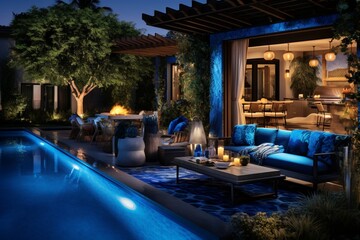 Fototapeta na wymiar A captivating luxury backyard with a pool displaying 3D intricate patterns in neon blue, fiery red, and sun-kissed gold, flanked by a state-of-the-art barbecue station and a lush topiary garden, in