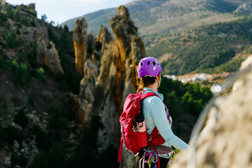 Woman in climbing gear looking back at a rocky landscape