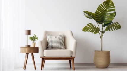 The living room interior features stylish furniture like small walnut tables, tropical leaves in...