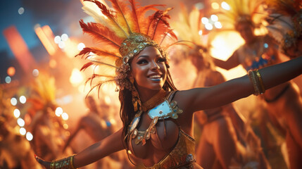 A traditional Brazilian samba school performing at a carnival.
