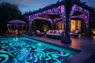 A luxury backyard oasis with a pool featuring 3D patterns in electric violet, neon coral, and bright turquoise, bordered by an elegant gazebo and a contemporary art installation, in