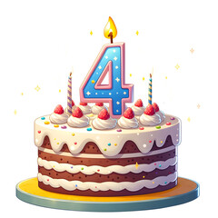4 year old birthday cake or 4 year anniversary cake celebration with balloons and party decoration transparent background	