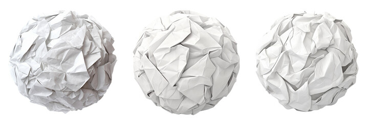 Set of crumpled paper ball isolated on white or transparent background