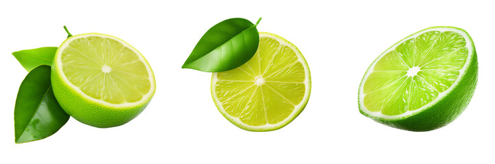 Set of green fresh lemon citrus fruit stand isolated on white and transparent background