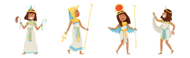 Egyptian Pharaoh and Deities Wearing Antique Clothing Vector Set