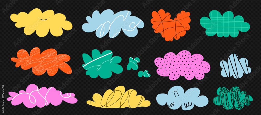 Poster a set of clouds with hand drawn textures and lines. vector trendy illustration. cartoon clouds with 