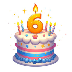 6 year old birthday cake or 6 year anniversary cake celebration with balloons and party decoration transparent background	