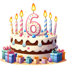 6 year old birthday cake or 6 year anniversary cake celebration with balloons and party decoration transparent background	