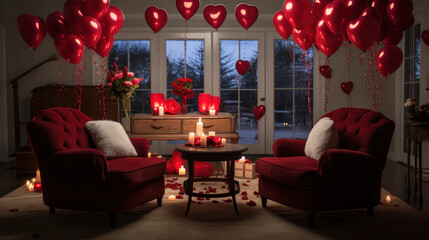 A Valentines Day themed marriage proposal setup.