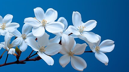 Fototapeta na wymiar White flowers clustered close together against a blue background.