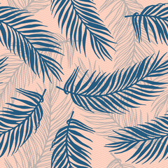 Fototapeta premium Seamless tropical palm leaves vector pattern. Floral elements over waves