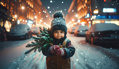 A young happy toddler or child holds a tiny Christmas tree while standing in the middle of a snow-covered city street at night - Holidays in the city