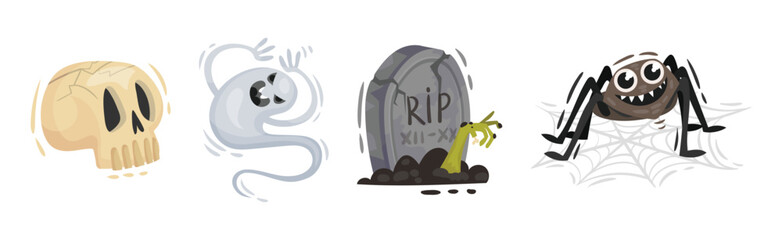 Halloween with Skull, Ghost, Tomb and Spider Vector Set