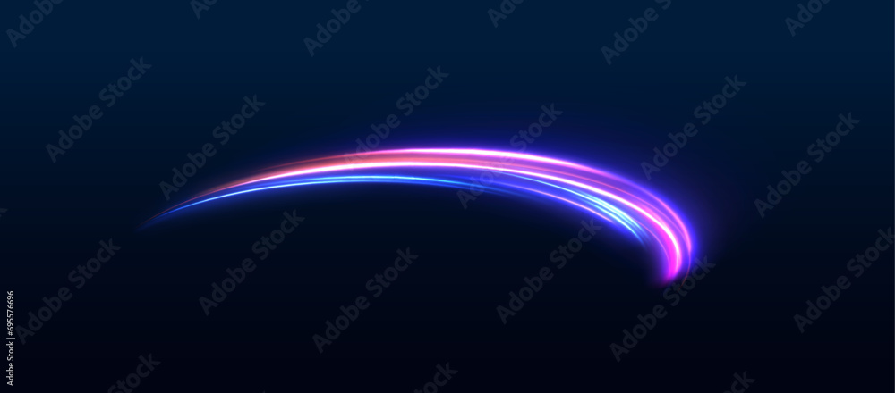 Poster Abstract energy in the form of stripe, arc, curl and zigzag in neon colors with light effect. Expressway in long delay, with car lights at night on autobahn. 