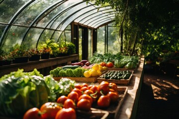Interior of organic greenhouse with fruit and vegetables