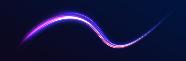 Particle motion light effect. Abstract fire flare trace lens flares. Long exposure of motorways as speed. Night motorway with light effects in neon colors purple. - obrazy, fototapety, plakaty