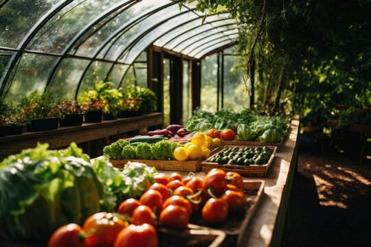 Interior Of Organic Greenhouse With Fruit And Vegetables