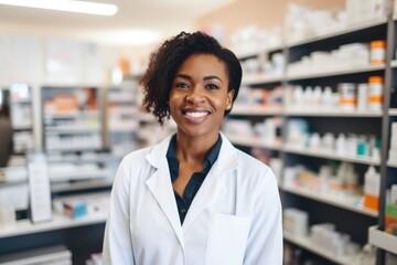 Portrait of a female pharmacist in pharmacy drugstore - obrazy, fototapety, plakaty