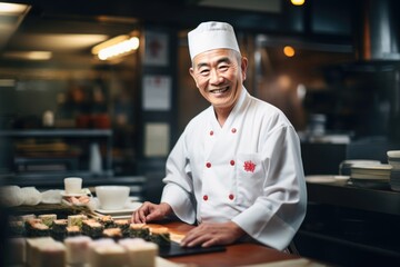 Smiling portrait of senior chef in professional kitchen