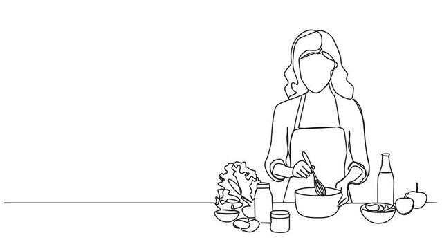 animated continuous single line drawing of woman preparing food in kitchen, line art animation