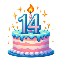 14 year old birthday cake or 14 year anniversary cake celebration with balloons and party decoration transparent background	
