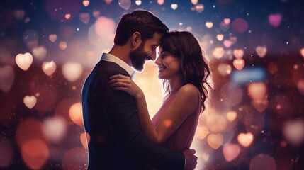 Cheerful couple in love in hearts bokeh background - obrazy, fototapety, plakaty