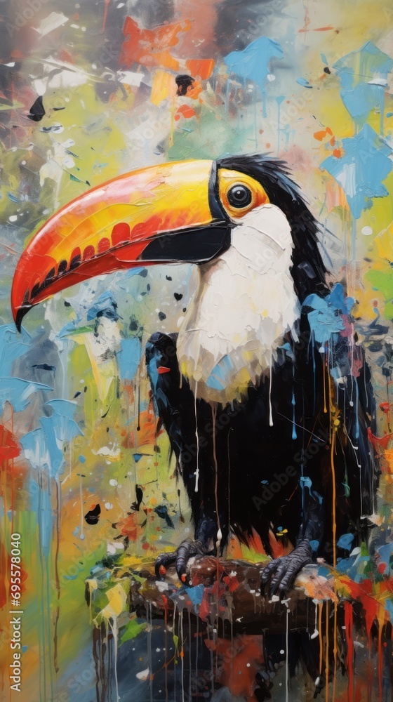 Poster a painting of a toucan bird sitting on a tree branch with paint splatters all over it and dripping p