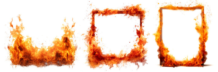 Set of mockup of a burning frame is cut out on a transparent background. The fire on the frame spreads in different directions. Concept of carelessness with fire and its consequences