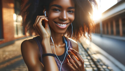 Black woman running while listening to music on earphones. - obrazy, fototapety, plakaty