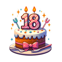 18 year old birthday cake or 18 year anniversary cake celebration with balloons and party decoration transparent background	