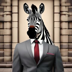A portrait of a debonair zebra in a suit and tie, holding a briefcase3