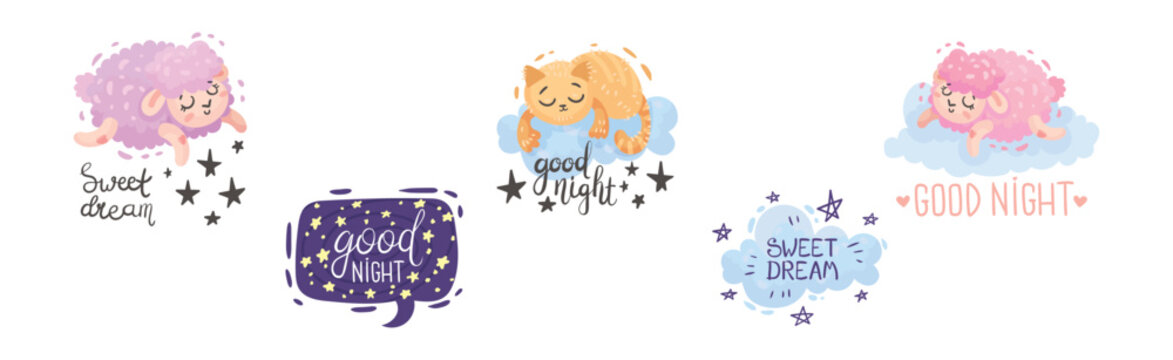 Cute Good Night Quote and Sweet Dream Wish Vector Set