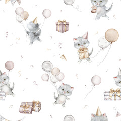 Seamless pattern Birthday Watercolor pastel color. Little gray cat and balloon. Watercolor hand drawn. Gift boxe with bows isolated on white background. Garland with flags and party hats cap