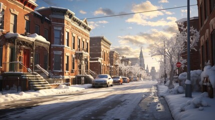 city road covered with snow with cars on the sidelines in winter season - obrazy, fototapety, plakaty