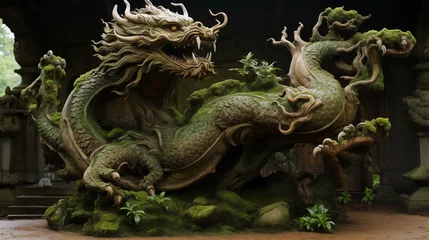 Fotobehang bonsaï chinese wood dragon, new year 2024, green moss abstract detailed © pier