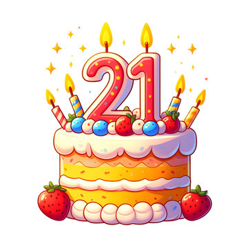 21 year old birthday cake or 21 year anniversary cake celebration with balloons and party decoration transparent background	