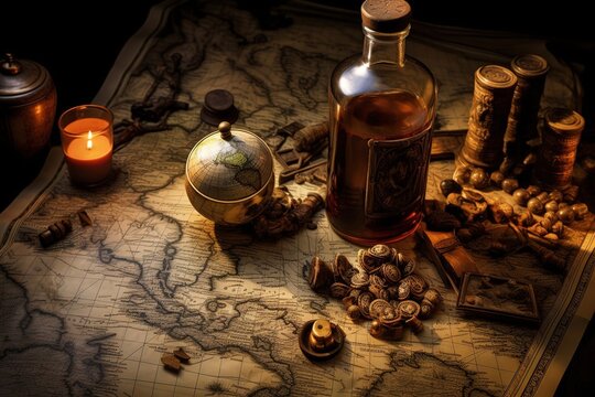 Pirats map and bottle of rom