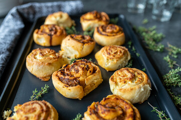 Savory pastry rolls with two filling. Minced Meat and feta cheese. Delicious party food