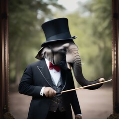 A portrait of a debonair elephant in a top hat and monocle, holding a cane2