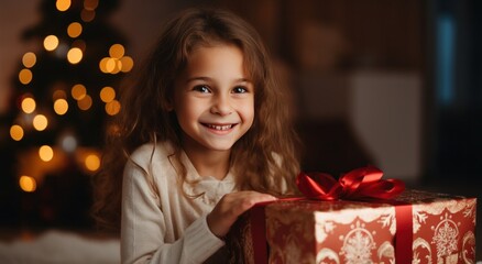 Fototapeta na wymiar an older girl is holding a christmas gift