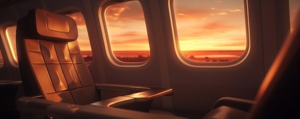 an airplane seat with windows at sunset