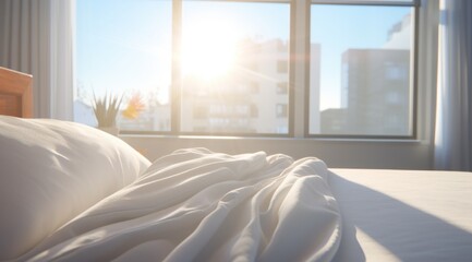 a white bed in front of a large window
