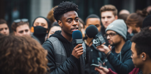 a young black man with microphones talking to a crowd - obrazy, fototapety, plakaty
