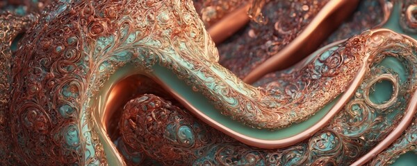 a close up of a copper and turquoise colored swirl