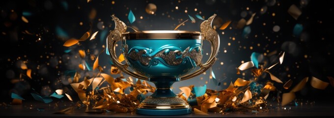 a trophy on a blue background with confetti scattered around