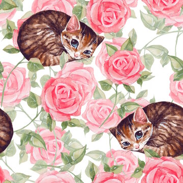 Seamless pattern with cute sleepy cat and pink rose flowers. Watercolor design for background, wrapping paper, textile