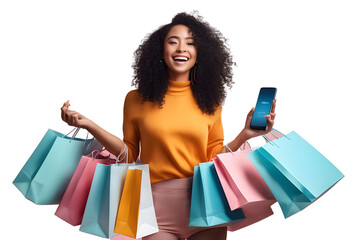 Positive smiling stylish pretty curly young black lady with smartphone and shopping bags in her hands, shopping online while season sale. - obrazy, fototapety, plakaty