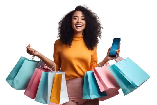 Positive smiling stylish pretty curly young black lady with smartphone and shopping bags in her hands, shopping online while season sale.